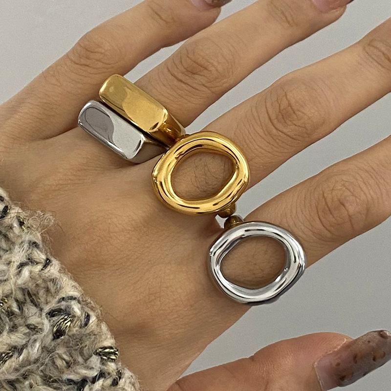 Favorite Toy Women's Gold Minimalism Stainless Steel Rectangular Ring Trend Geometry Glossy Metal Texture Copper Color Finger Rings Men Zircon