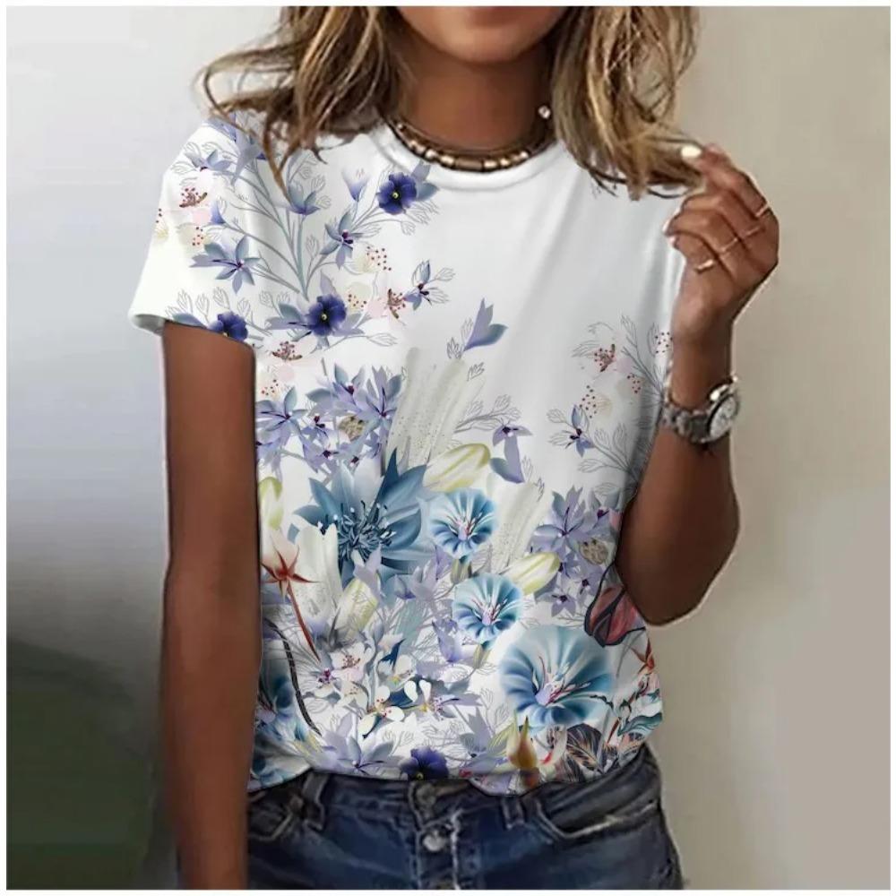 

Женская футболка для отдыха, новая с круглым вырезом и коротким рукавом, свежий цветочный принт, свободный легкий тканевый топ. 5XL