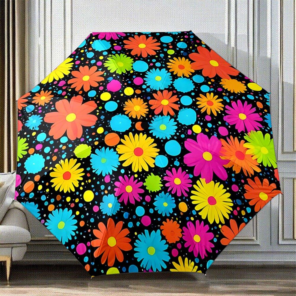 

Automatic Folding Umbrella Colorful flowers on a black background. Portable collapsible design, casual outdoor accessory, Chri (as the picture,Iron&8K)
