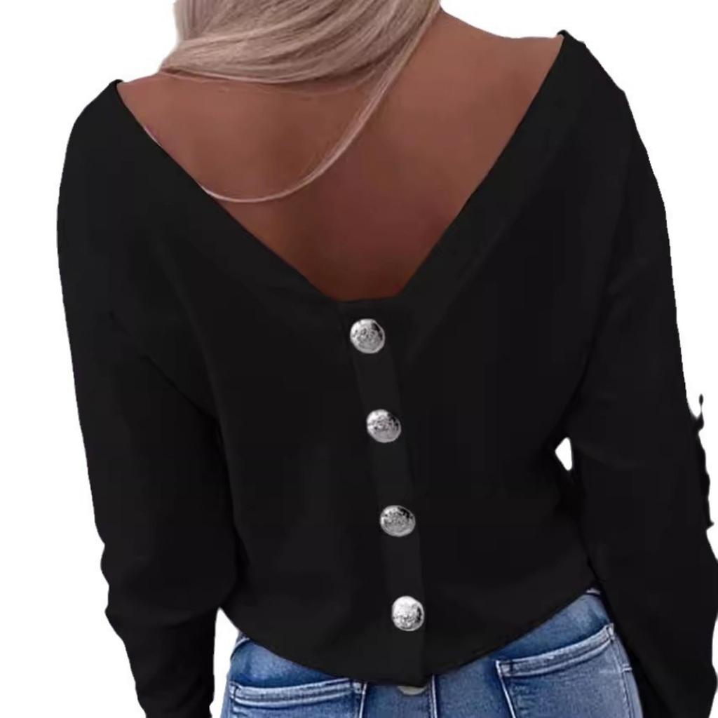 Fall Women's Long Sleeve T-shirt, Button Back Open Back Off Shoulder, Casual Fashion Top for European American Crossborder