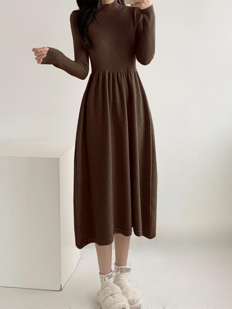 

Осень-зима, французское нежное трикотажное платье, женское, винтажное, свитер, длинные платья, шикарное, однотонное, для вечеринок, повседневная, в стиле пэчворк, новая одежда L кофейный