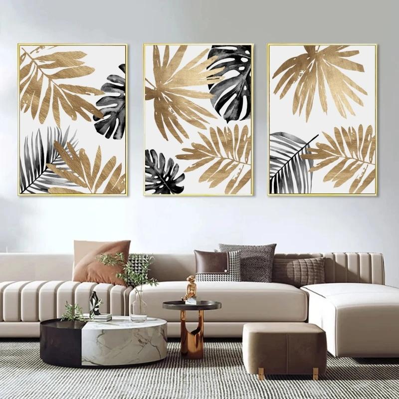 Nordic Black and Gold Flowers Poster, Wall Art, Canvas Painting, Modern Home Decor, Print Pictures for Living Room Decoration