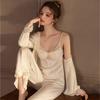 Sexy Pajamas Women's Ice Ribbon Chest Pad Suspender Pants Cardigan Three-piece Set Pure Desire Silk Pajamas Homewear