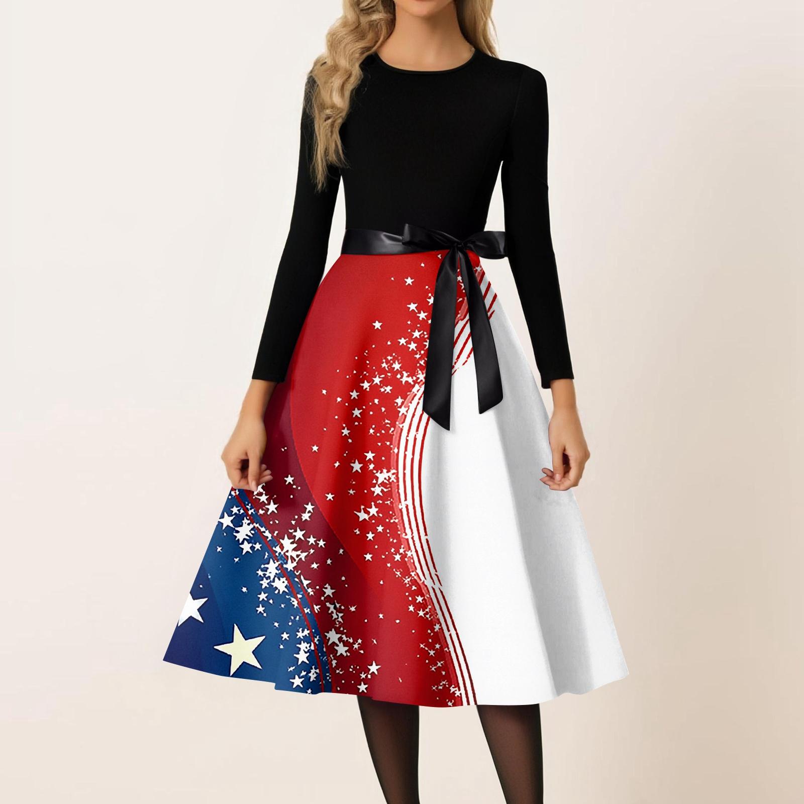 

Women s Casual Fashion Round Neck Independence Day Print Retro Dress XL