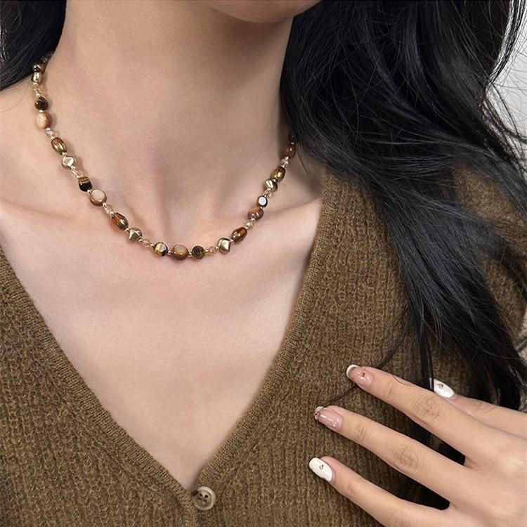 Maillard Tiger's Eye Brown Pearl Beaded Necklace - High-End Women's Sweater Chain for Autumn/Winter 2025