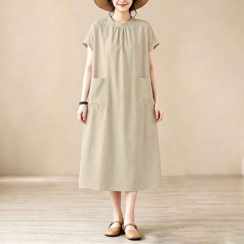 ZANZEA Women Casual Round Neck Solid Color Loose Short Sleeve Dress