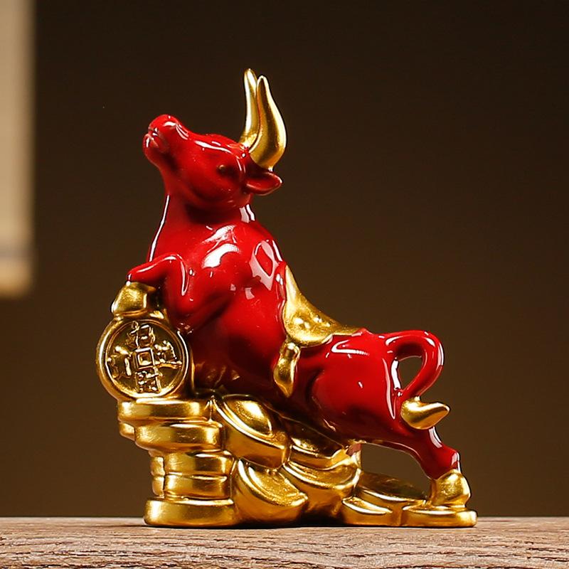 Feng Shui Wealth Ox Statue Ceramic Figurine Money Luck Charm for Home Office Desk Decor Bullish Vibe Gift for Career Success
