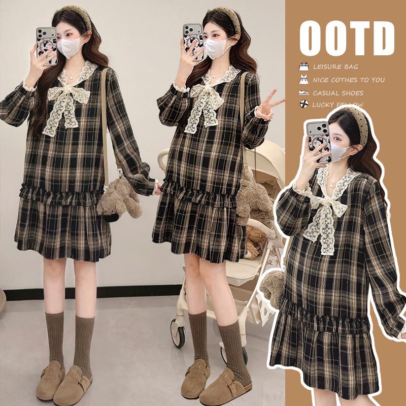2026 Spring Plaid Bow Collar Maternity Dress - Korean Style, Loose Fit L