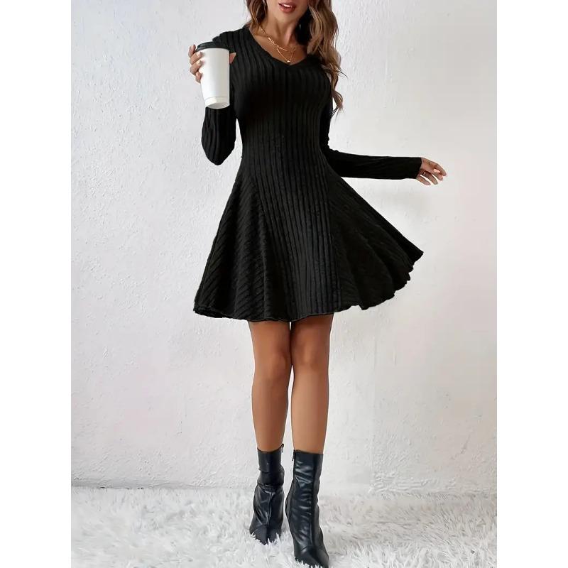 2025 Spring Autumn Knitted V-neck Long Sleeve Sweater Dress Elegant Slim Fit Women Casual Simple A-line Short Dress Fashion Solid Color Party Clothing