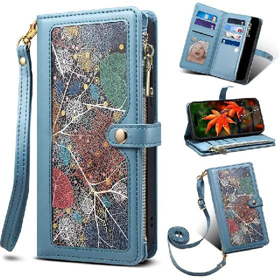 

Чехол-кошелек через плечо для Apple iPhone 12/12 Pro Кожаный чехол для телефона с держателем для карт, подставкой и ремешком на запястье Обложка с магнитной застежкой, откидная сумка iPhone 14 Pro Max синий