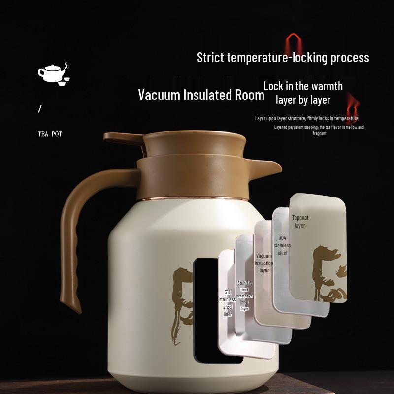 Large Capacity Moka Pot - 316 Stainless Steel, Double-Layer Insulation, Tea/Water Separation, Old White with Handle