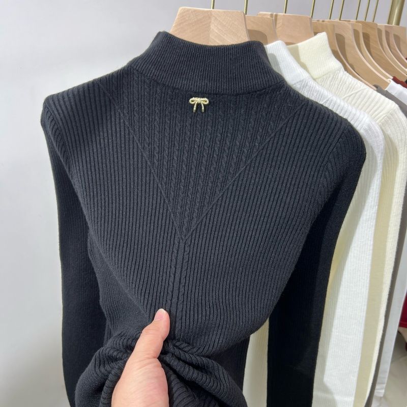 

Женский свитер с полувысоким воротником в сочетании с коротким осенне-зимним облегающим трикотажным лонгсливом в качестве внутреннего слоя XL чёрный