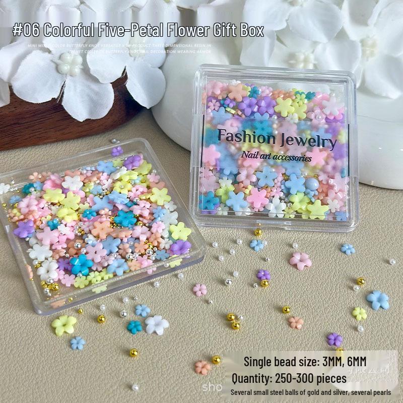 Colorful 3D White Resin Five-Petal Flower Nail Art Accessories for DIY Wearable Nails