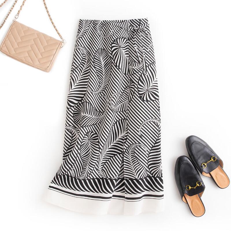 Mulberry Silk Black and White Stripe Midi Skirt L