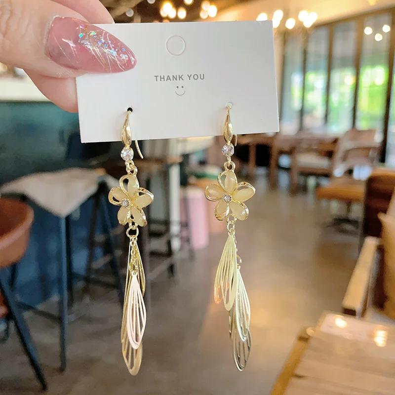 Korean Trend Flower Earrings Long Tassel Ear Line Crytal Chain Drop Earrings For Women Girls Daily Jewelry Party Gifts