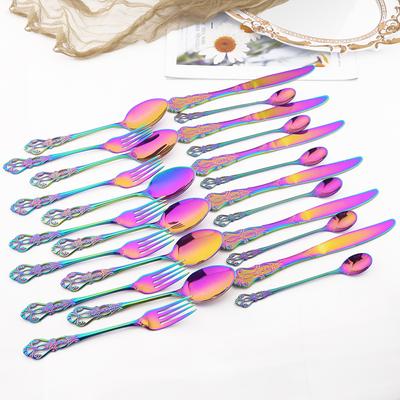 24Pcs Dinnerware Set Multicolor Cutlery Set Western Stainless Steel Tableware Vintage Knife Fork Long Ice Spoon Silverware Set