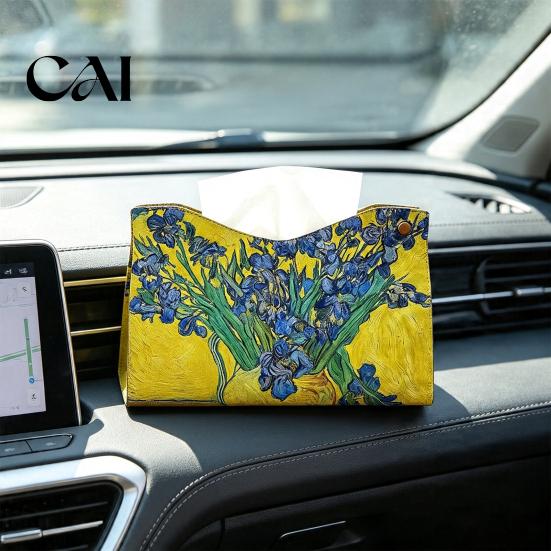 Decorative Paper Dispenser Leather Tissue Box Cover, Foldable Desktop Organizer, Oil Painting Style Napkin Holder Case, Storage Facial Organizer