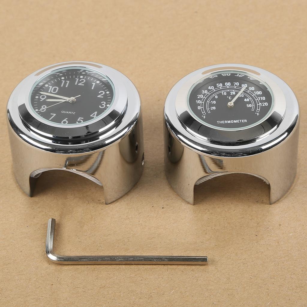 7/8" 1" Motorcycle Handlebar Dial Clock & Thermometer Temp Black/Chrome Mount For Honda Yamaha Suzuki Kawasaki Harley Sporter XL