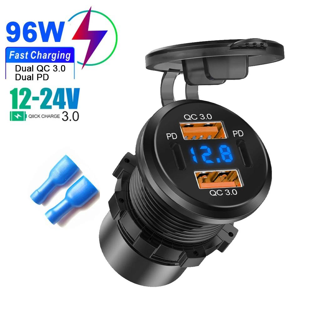 96W Car Charger Power Outlet Socket Dual QC3.0 & Dual PD3.0 USB Socket with Voltmeter 12-24V Waterproof for Car Boat Truck