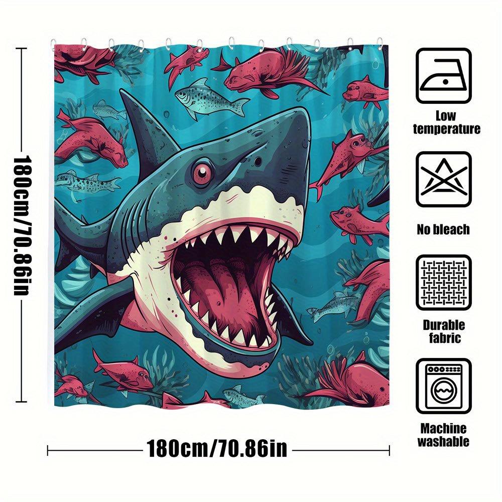 1Pc Shark Bath Curtain Playful Cartoon Style With Big Tooth Predator Pink Eyes Small Red Fish Coral Reefs Underwater Ocean Scene