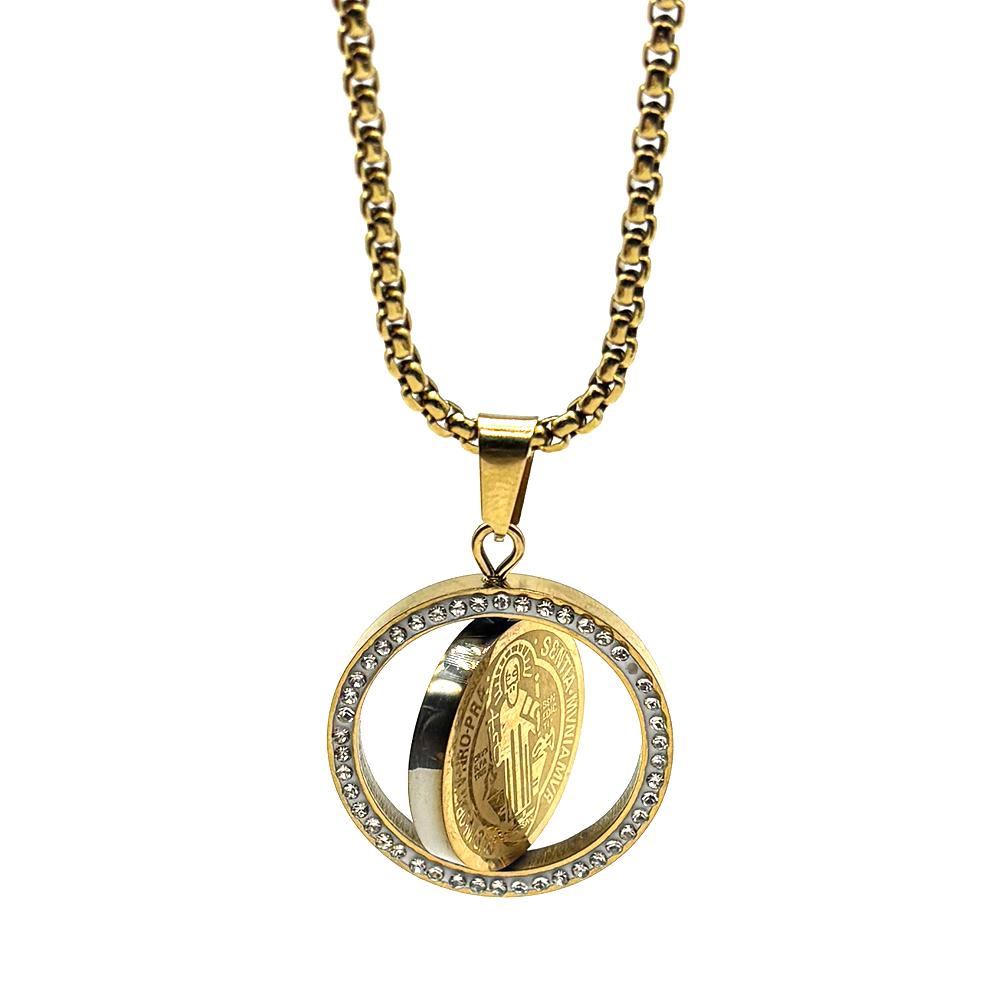Catholic Rotatable Saint Benedict Cross Pendant Necklace for Women Men Stainless Steel Rhinestones San Benito Box Chain Jewelry