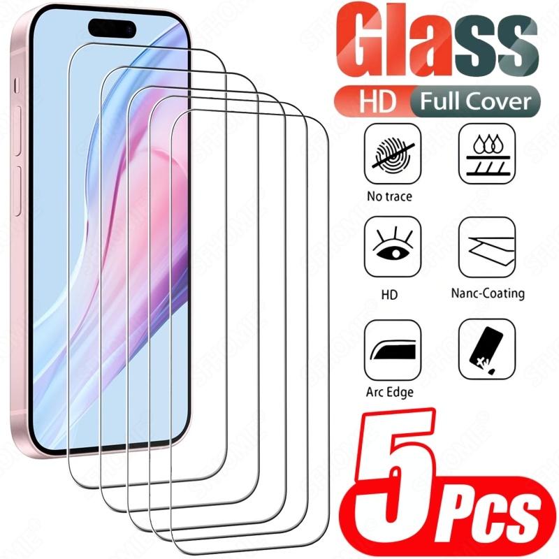 Protetor de tela de vidro temperado hd, 5 peças para iphone 11 12 13 14 15 16 17 pro max 14 15 16 plus 16e filme anti-arranhões de vidro de ar