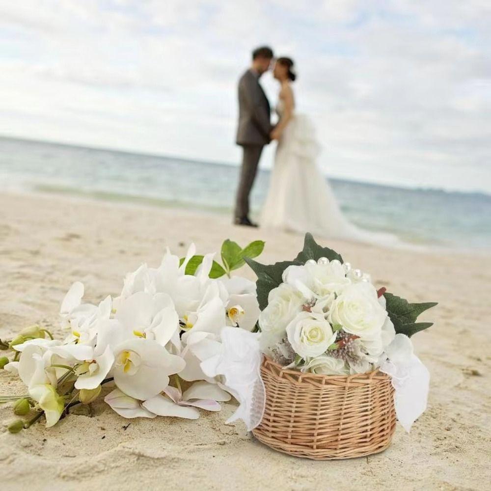 Pearls Handle Woven Basket Twin Fish Tail Design Flower Arrangement Basket  for Wedding