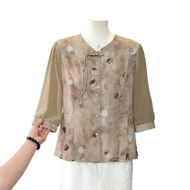 Middle-Aged Women's Plus Size Summer Top, Age-Reducing, Three-Quarter Sleeve, Chinese Style