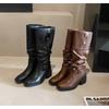 New Style Women's Thick Heels Fold Pile Long Knight Boots Pointed Low Heels Casual Elegant Temperament Sleeve Slim Boots