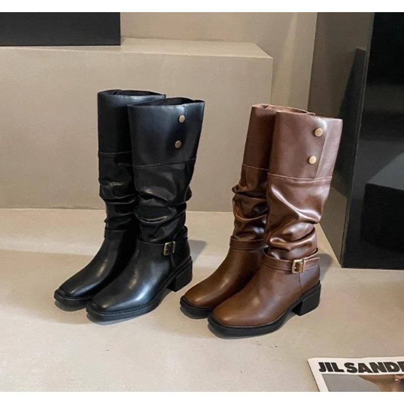 New Style Women's Thick Heels Fold Pile Long Knight Boots Pointed Low Heels Casual Elegant Temperament Sleeve Slim Boots