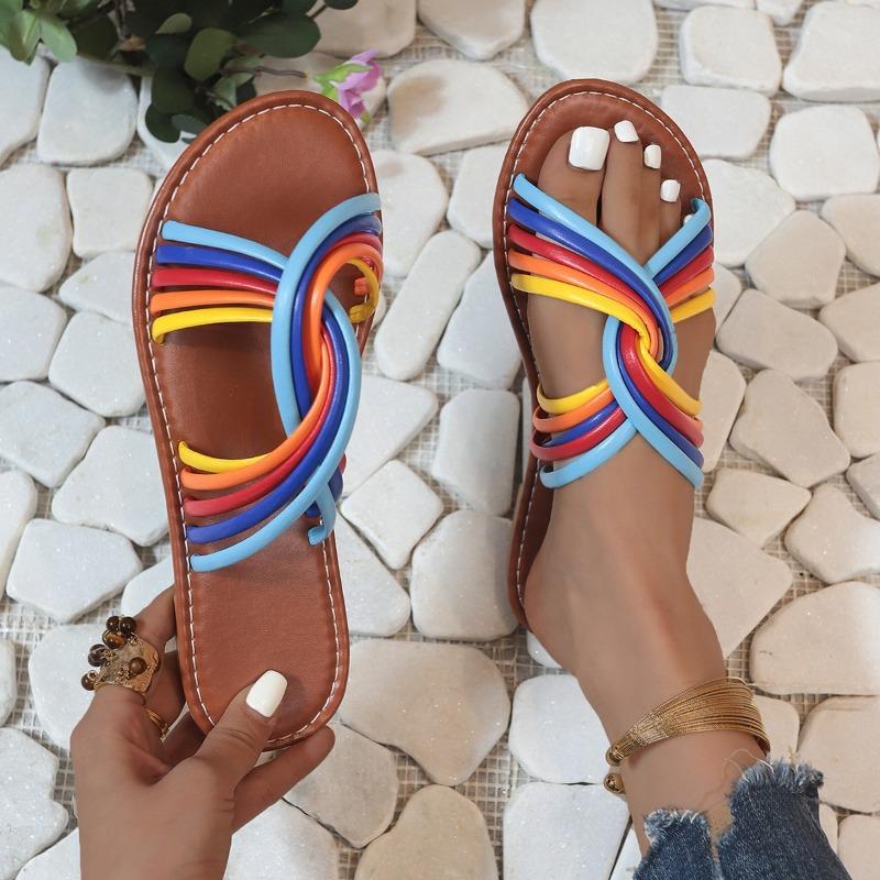 Large size flat-bottomed slippers, new color matching round head open-toed slippers, casual beach sandals