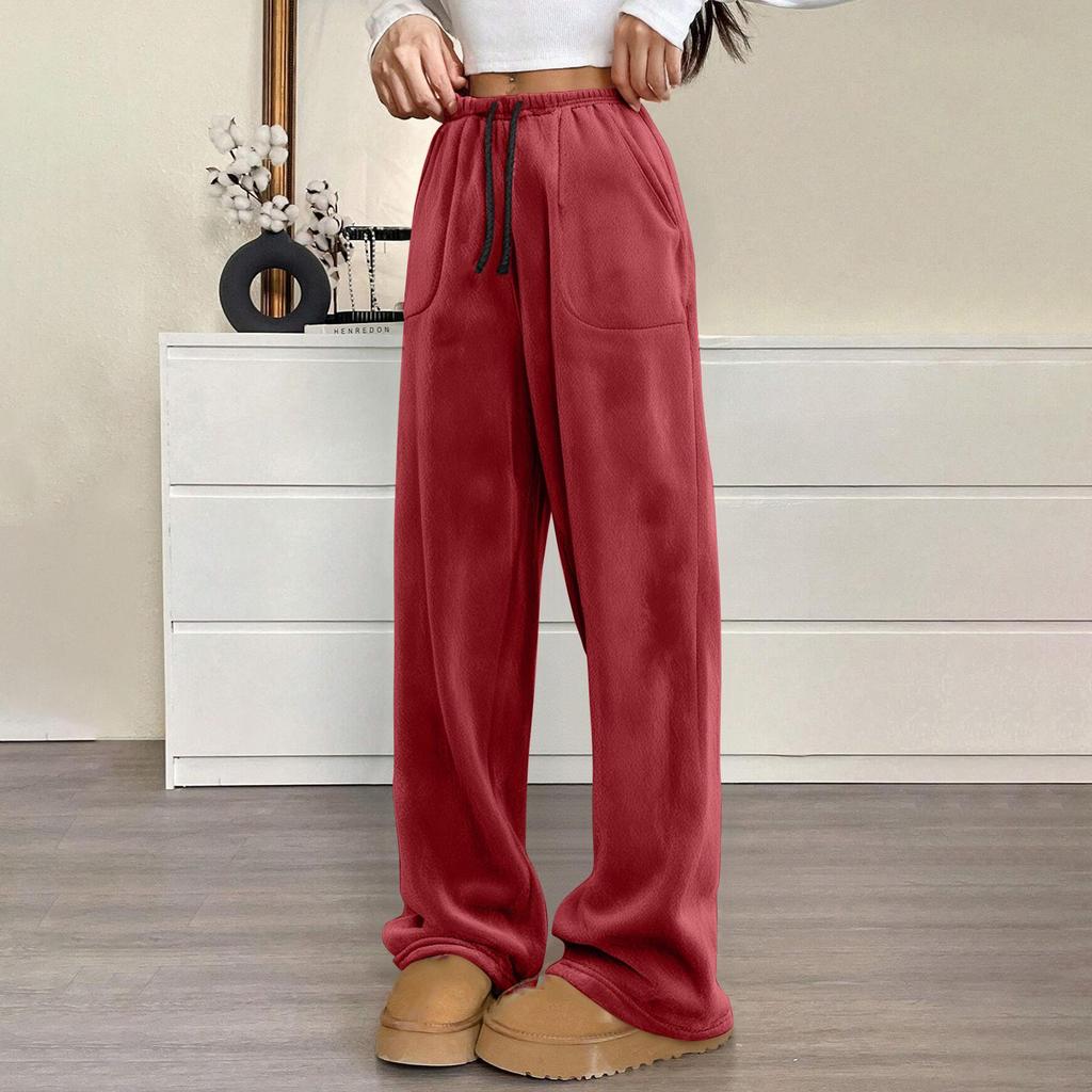 Pantalon de pyjama pour femme en peluche, pantalon de nuit doux, taille élastique, pantalon de couleur unie avec 2 poches