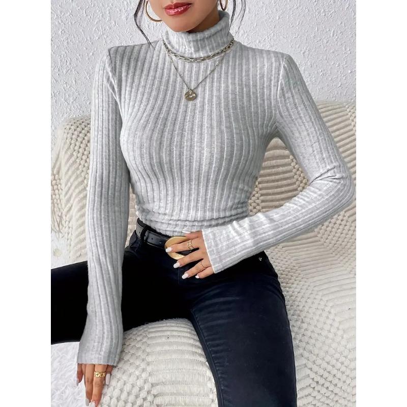 Women's Autumn and Winter High Neck Solid Colour Casual Temperament Long-sleeved Grinding Wool Pit Stripes Knitted T-shirt Tops