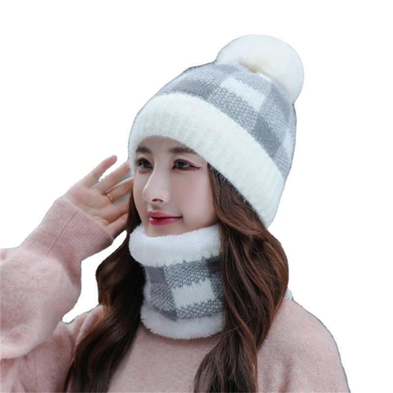 Hat Women's Autumn and Winter Plaid Scarf Hat Two-piece Set Fashion Versatile New Trendy Women's Knitted Hat Wool Hat