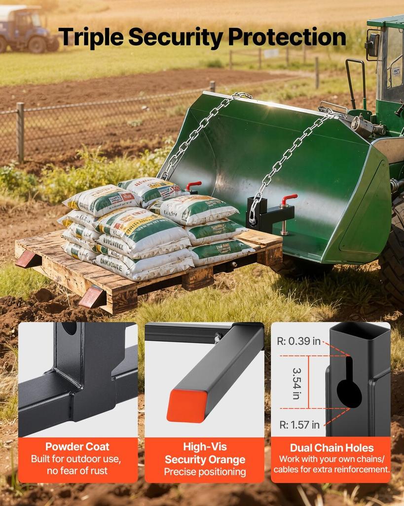 Pallet Forks, 907 Kg Clamp On Pallet Forks, 109 Cm Total Length Heavy-Duty Tractor Fork with Adjustable Stabilizer Bar for Tractor Attachments, Loader
