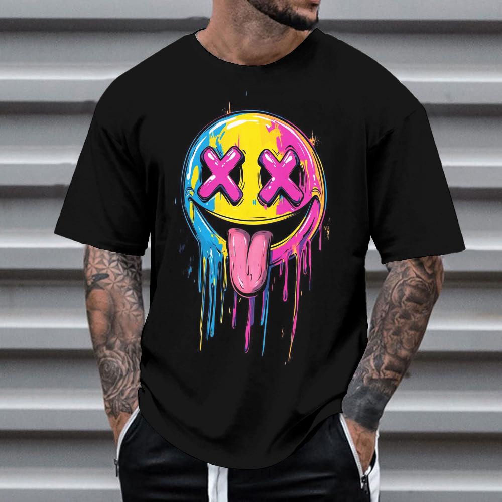 Summer Round Neck 3D Neon Graffiti Skull Graphic Print Top Fashionable Casual Short Sleeved Men's T-shirts
