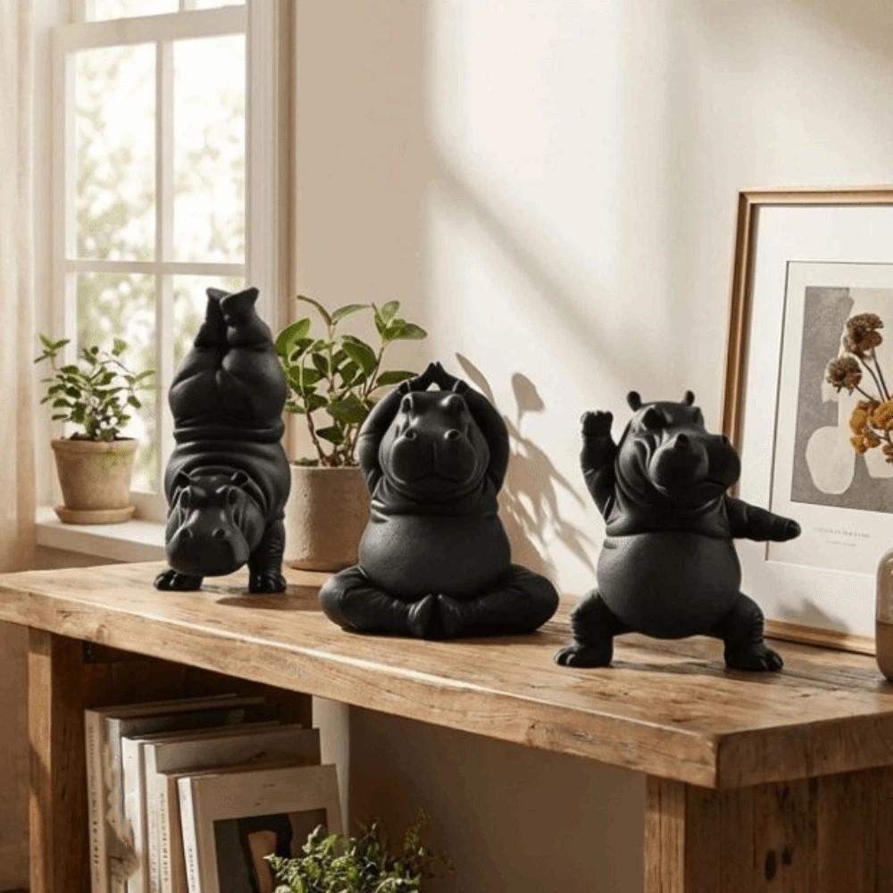 3Pcs Calm Animal Yoga Hippo Statue Art Crafts Hippo Figurines Hippo Sculpture  Yoga Studio