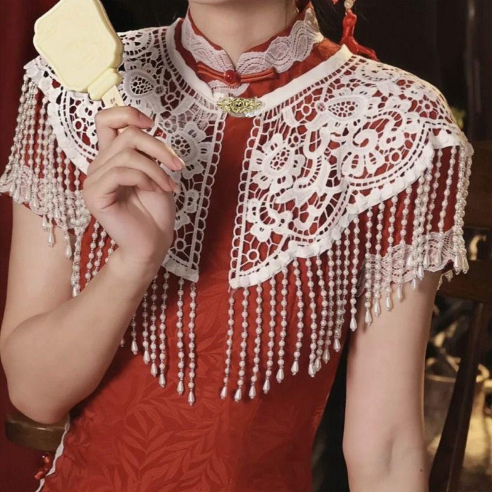 Handmade Pearl Tassel Shawl Vintage False Collar Hanfu Accessory Lace Shawl  Spring