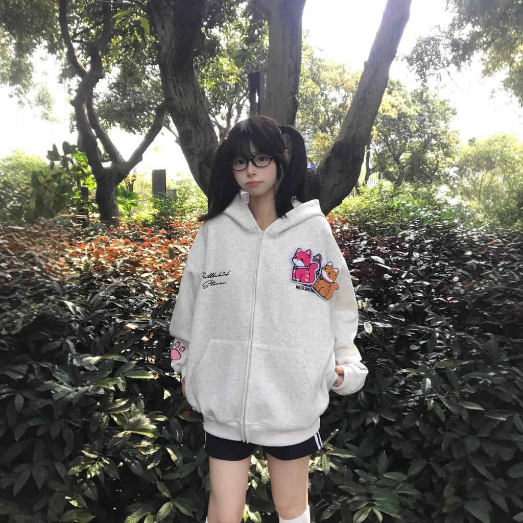 American retro street cute kitten Velcro cardigan sweater female brand casual loose couple