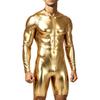Mens Metallic Shiny Swimwear Bodysuit Mock Neck Long Sleeve Short Bottoms One Piece Dance Jumpsuit