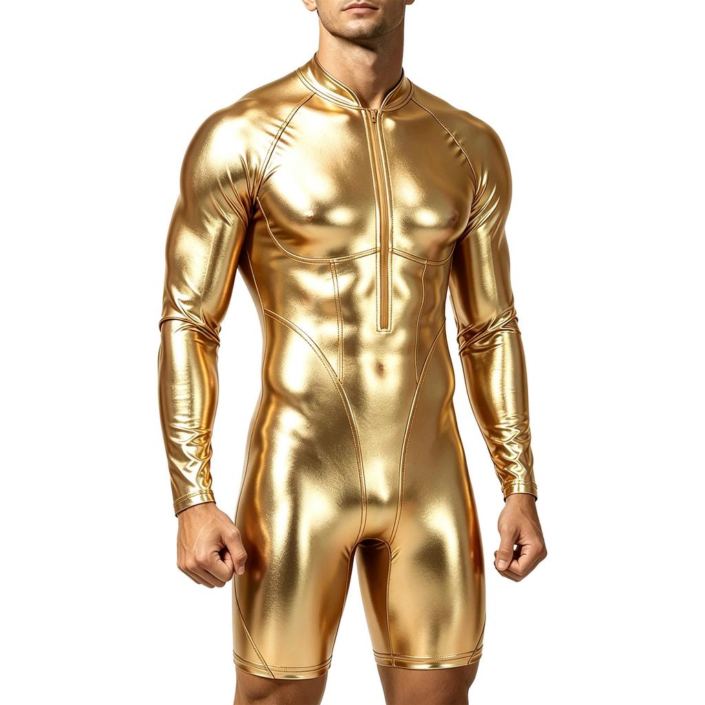 Mens Metallic Shiny Swimwear Bodysuit Mock Neck Long Sleeve Short Bottoms One Piece Dance Jumpsuit