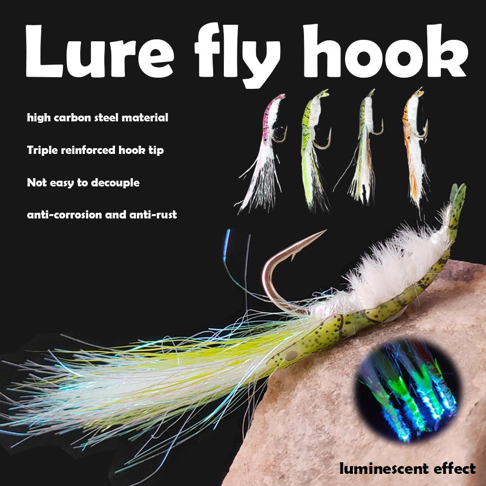 4pcs Iridescent Luminous Ice Silk Shrimp Lure Fly Fishing Flies Hook Freshwater Lure For Bass White Bass Angling Tackle
