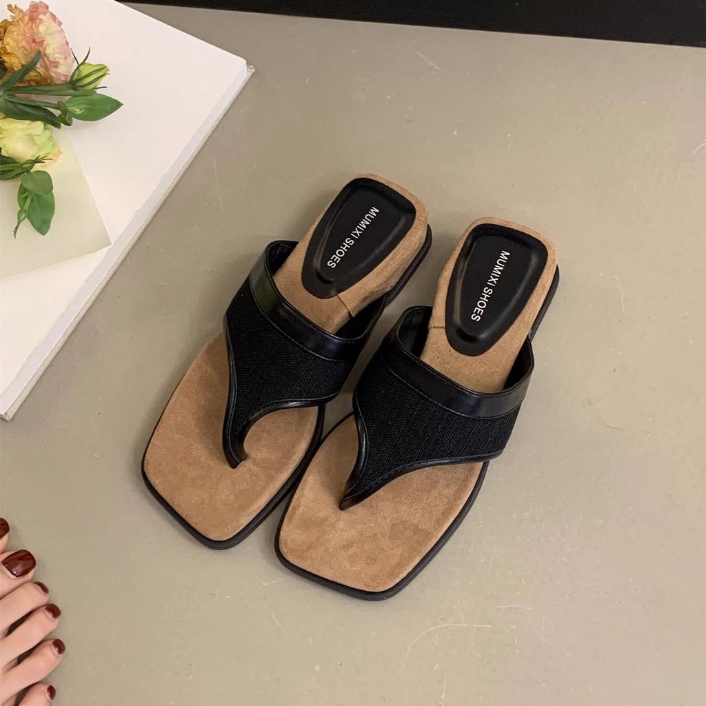 French beautiful toe linen sandals women's summer wear 2025 new models with skirts holiday platform flip-flops