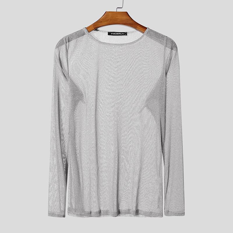 

INCERUN Men O-neck Long Sleeve Mesh Sheer Glitter Fitted Party T-shirts 3XL серый