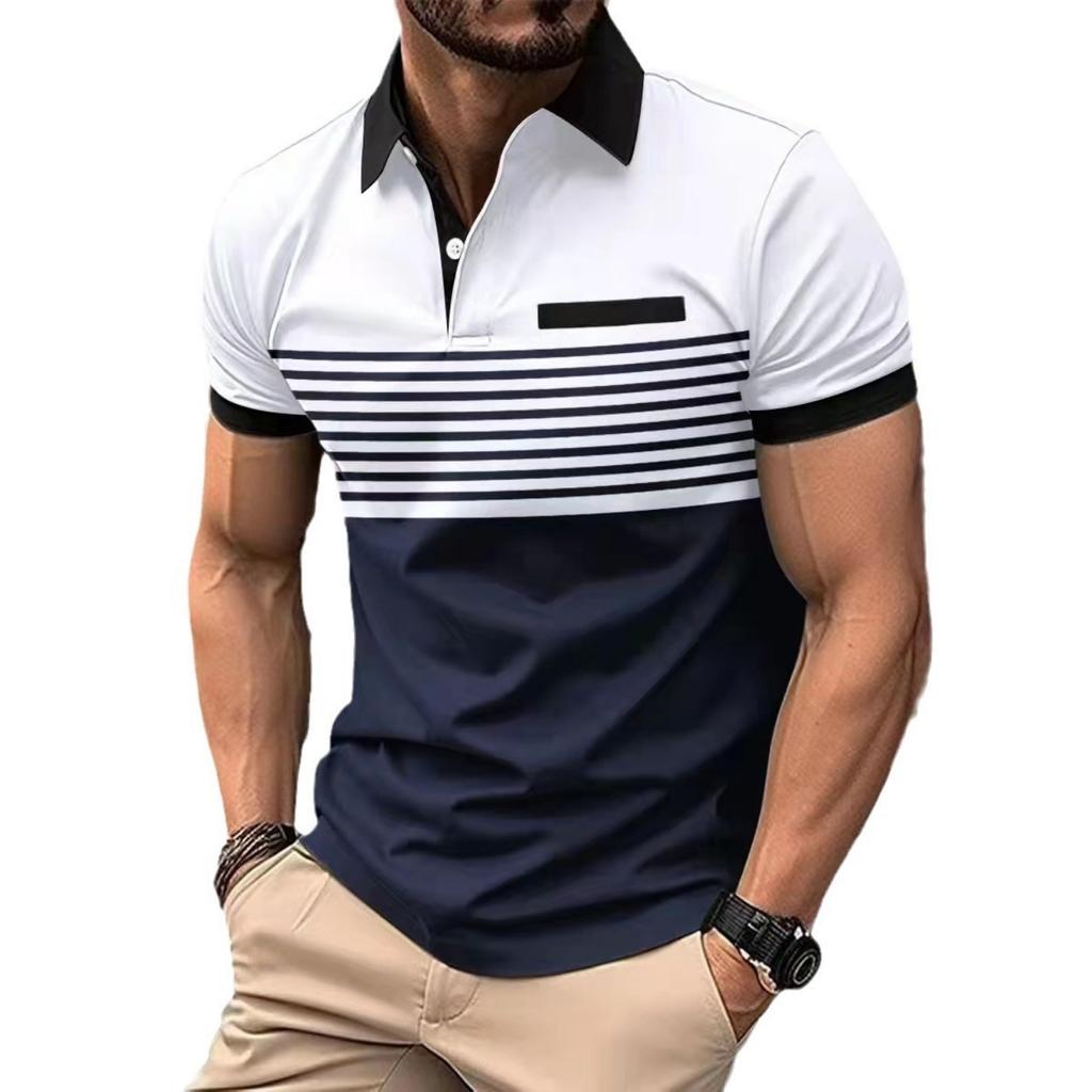 Summer Men's New Chest Fake Pocket Digital Printed Lapel Button Up Short Sleeve Top