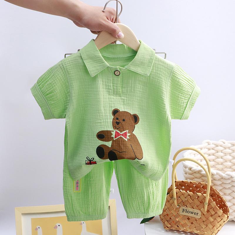 Kids' Stand Collar Cotton Gauze Summer Set - Lightweight Homewear for Boys & Girls