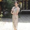 Elegant Modern Chinese Style Long Cheongsam Dress Women Semi-High Neck Three-Quarter Sleeve Retro Floral Cutwork Fabric