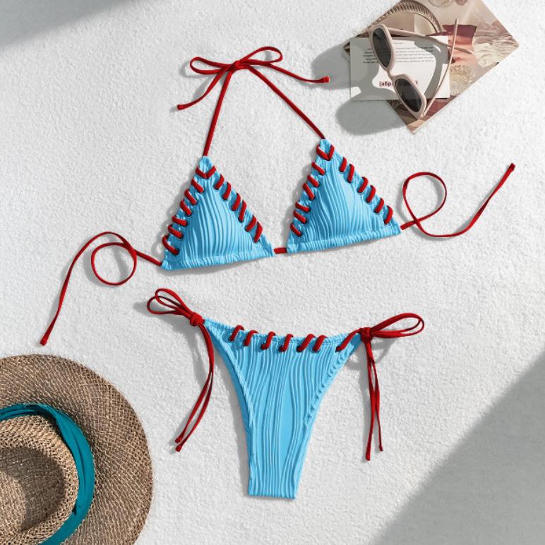 Women's Wave Ribbed Triangle Bikini Color Block Lace-Up Halter Tie Side Swimsuit