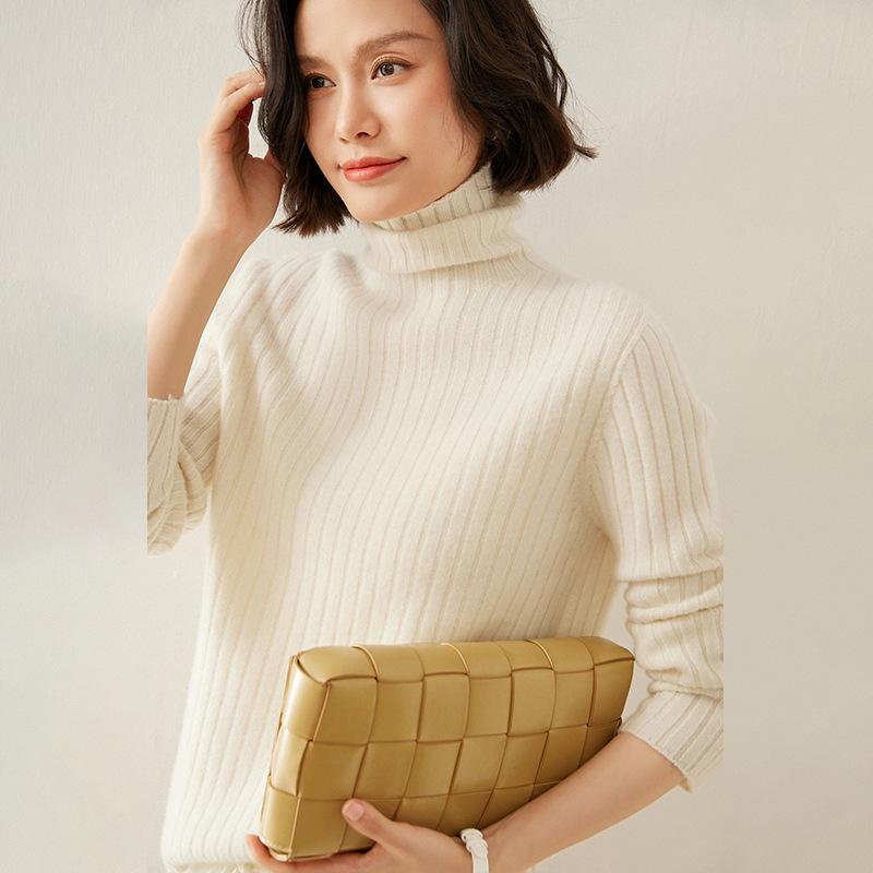 

Женский приталенный свитер с длинным рукавом, вязаный из кашемира, с высоким воротником - Базовый пуловер в рубчик для осени/зимы XL (130-150 jin)