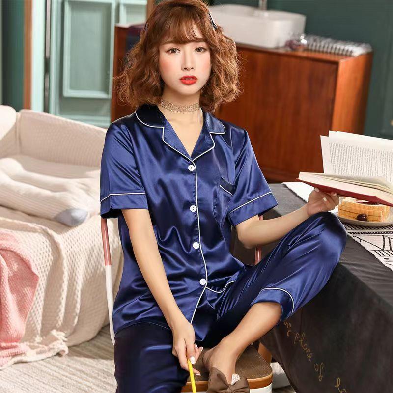 Women's Ice Silk Pajamas Two-Piece Female Summer Short-Sleeved Trousers Thin Section of Simulation Silk Pajamas Homewear Suit
